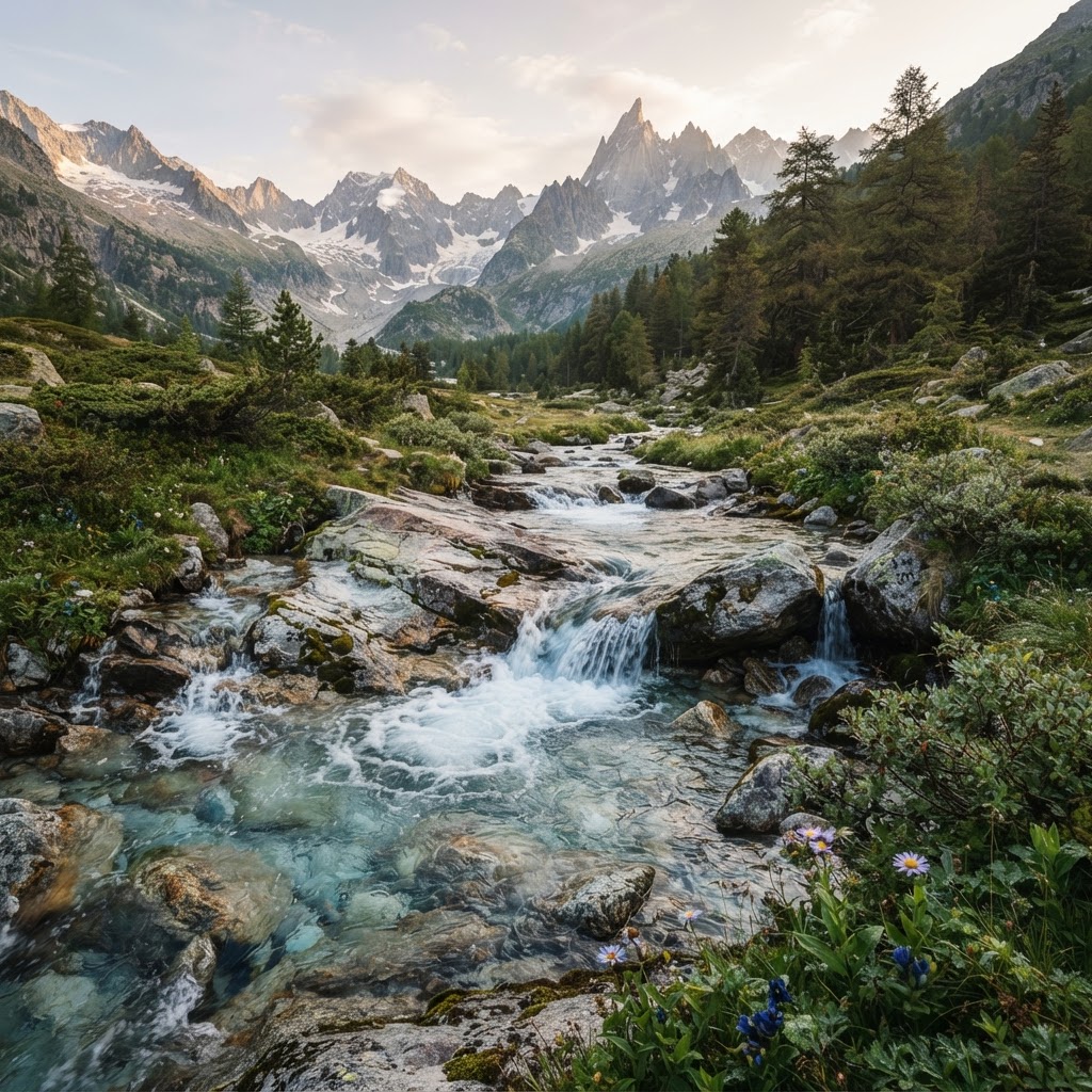Kristallklarer Gebirgsbach mit Schmelzwasser aus den Alpen