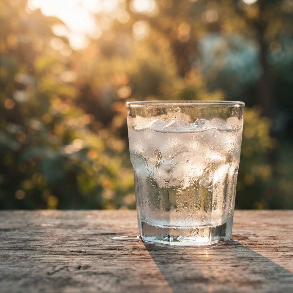 Glas eiskaltes Wasser mit Kondenstropfen im warmen Sonnenlicht