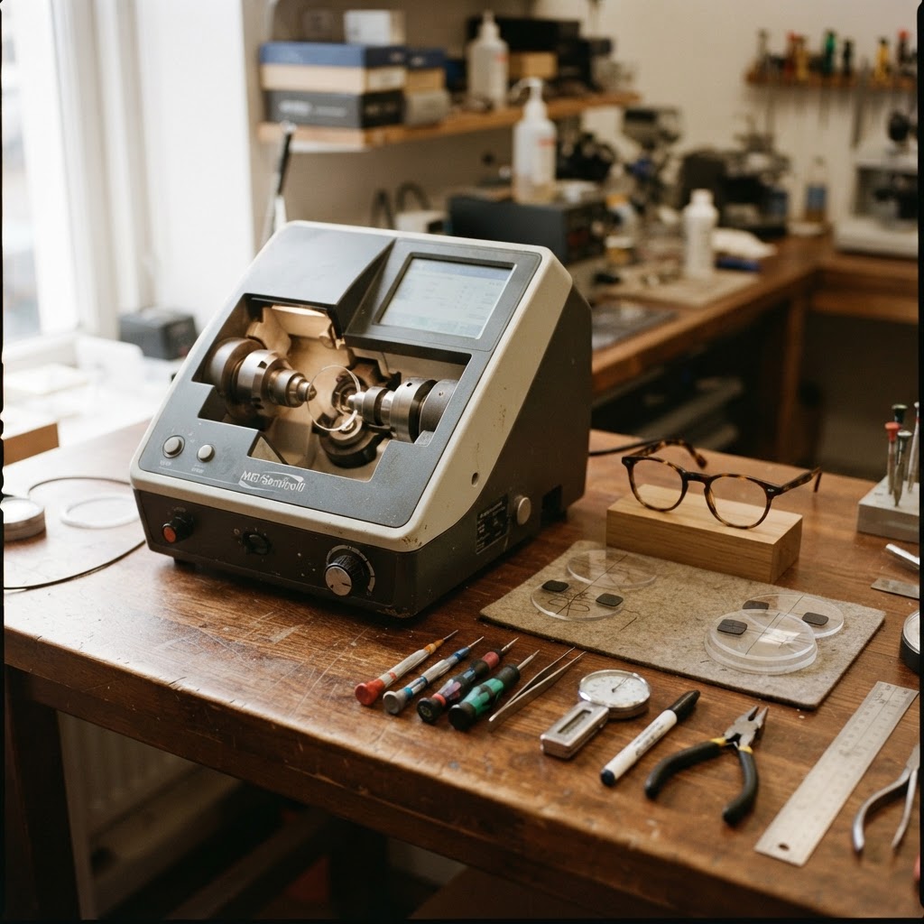 Optical lab workbench — lens preparation at EYE POWER