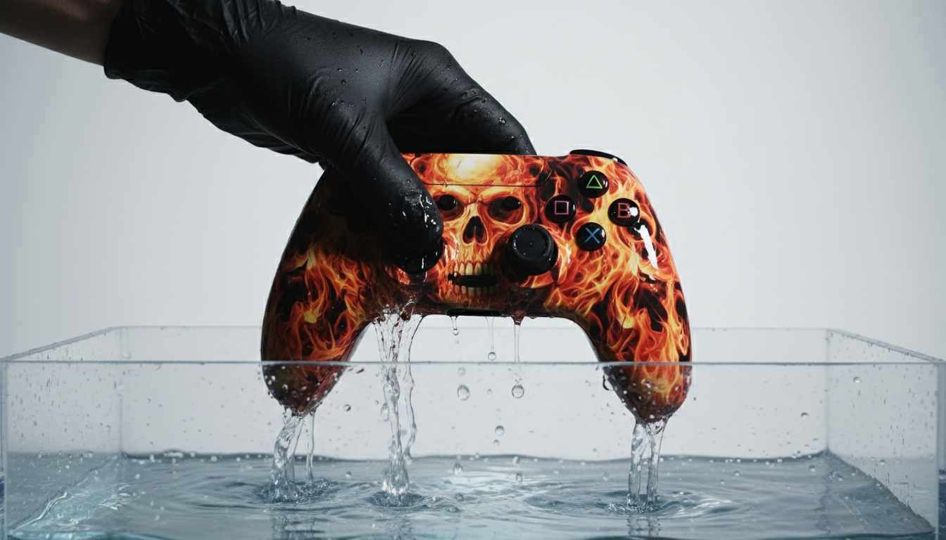Professional hydro dipping process - gaming controller being lifted from water tank