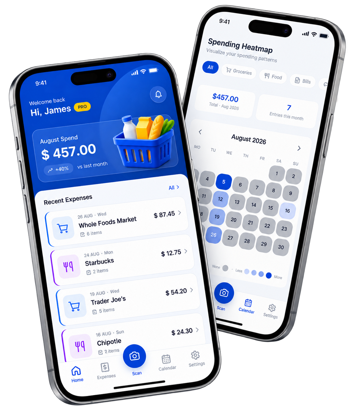 HomeBasket app preview — AI receipt scanner and shared household expense tracker on iPhone