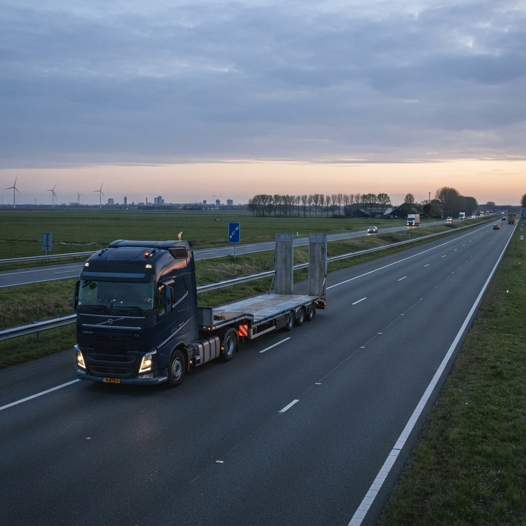 Lege dieplader op Europese snelweg