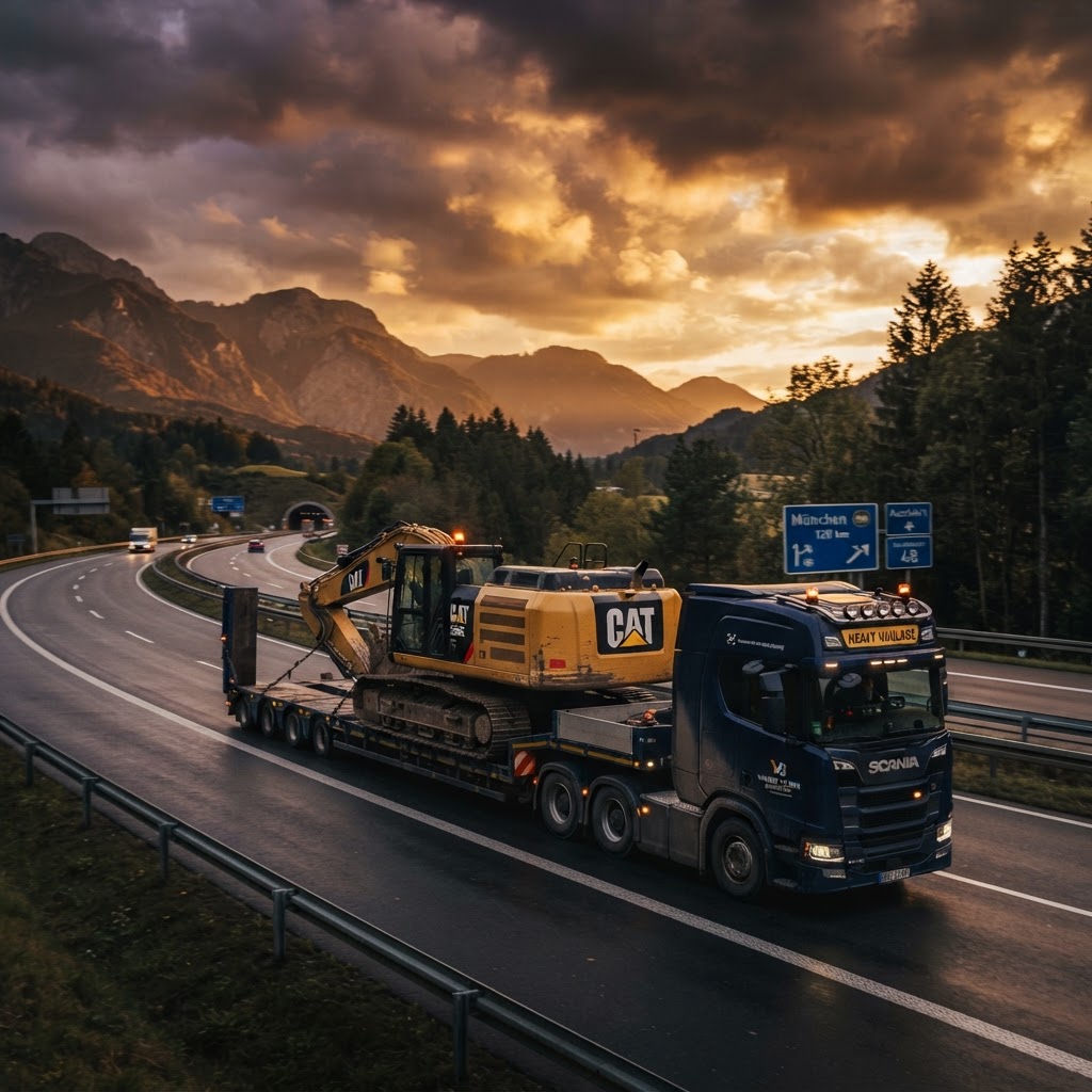 Dieplader transporteert graafmachine