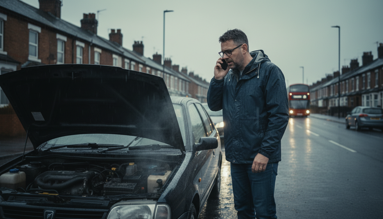 Stranded driver experiencing the consequences of missed vehicle servicing