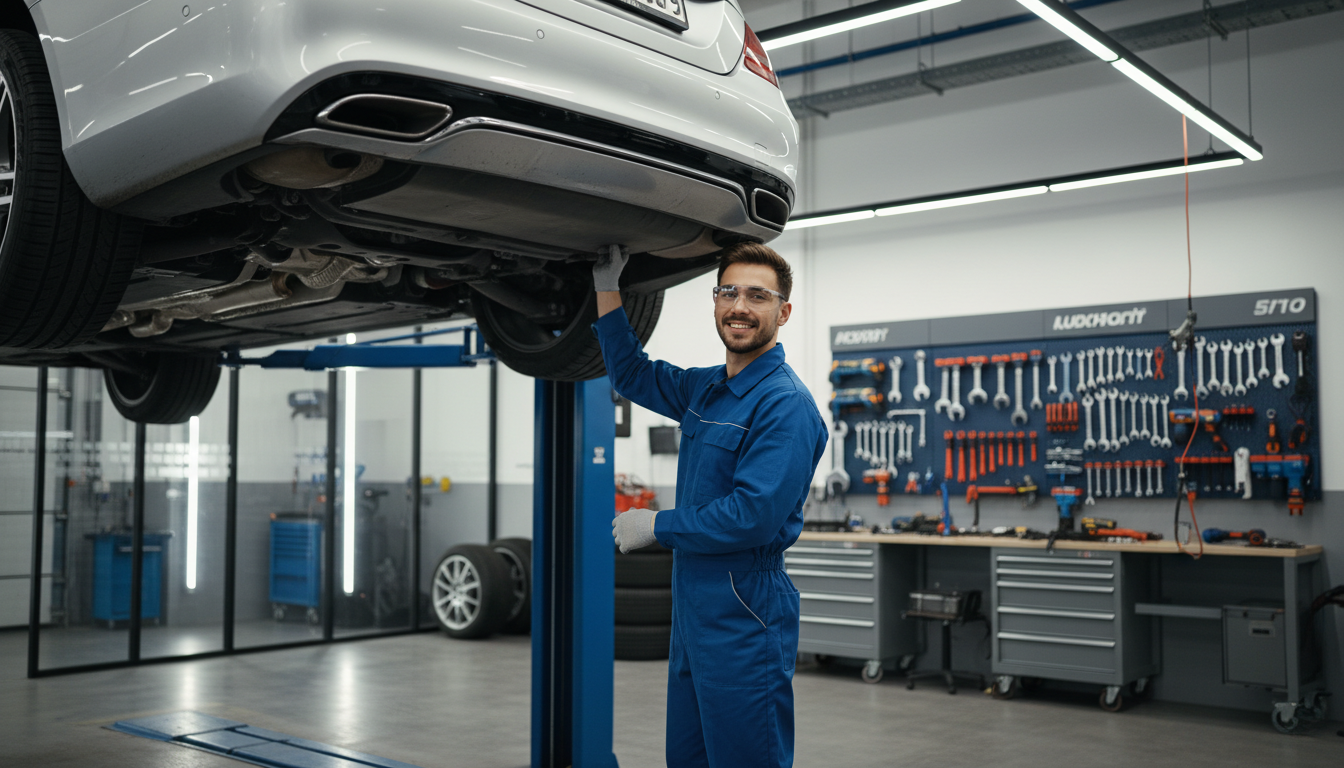Professional vehicle servicing at a modern automotive workshop