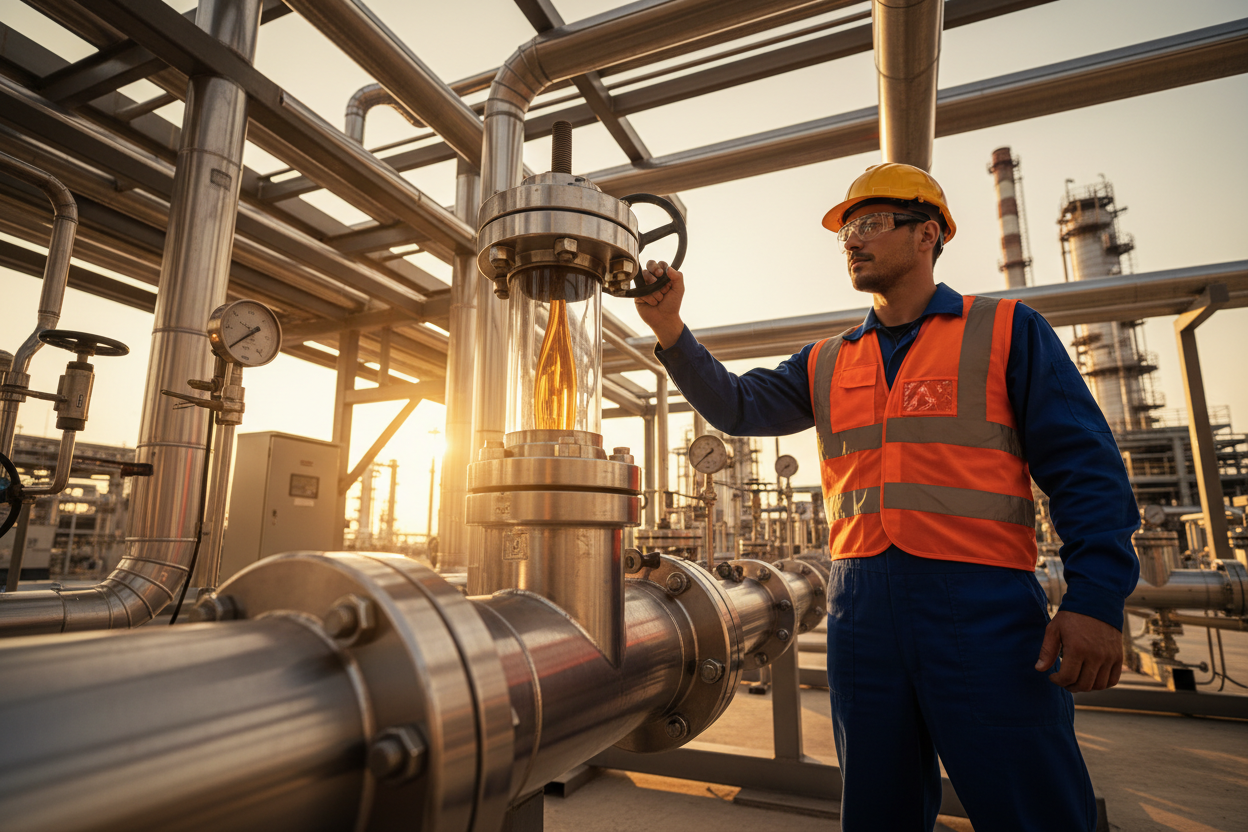 Industrial engineer inspecting refinery equipment in Kinshasa