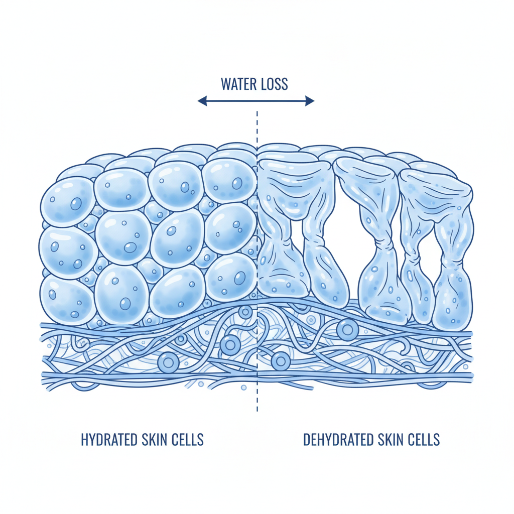 Vergleich von hydratisierten und dehydrierten Hautzellen