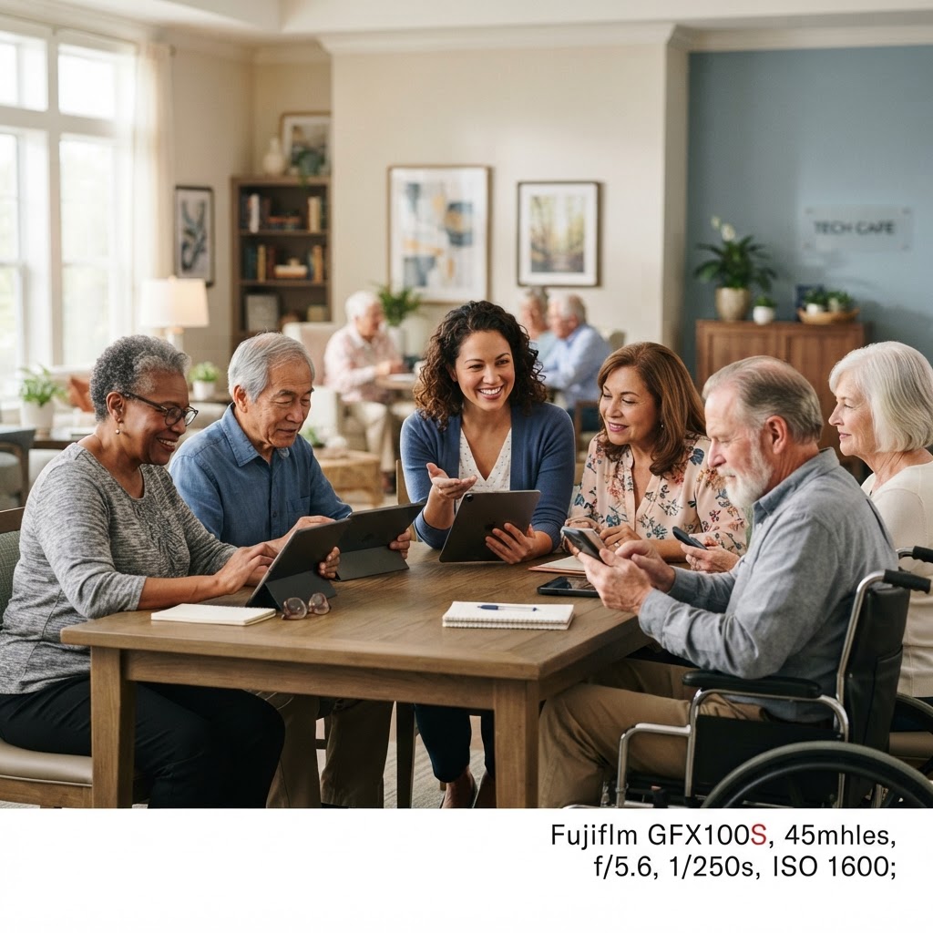 A diverse group of older adults participating in an inclusive technology workshop