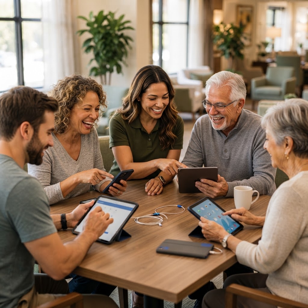 A small community group learning together with tablets and laptops