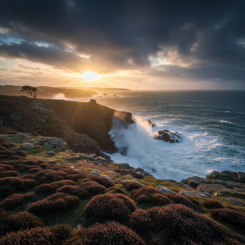 Dramatic Cornish coastline at golden hour