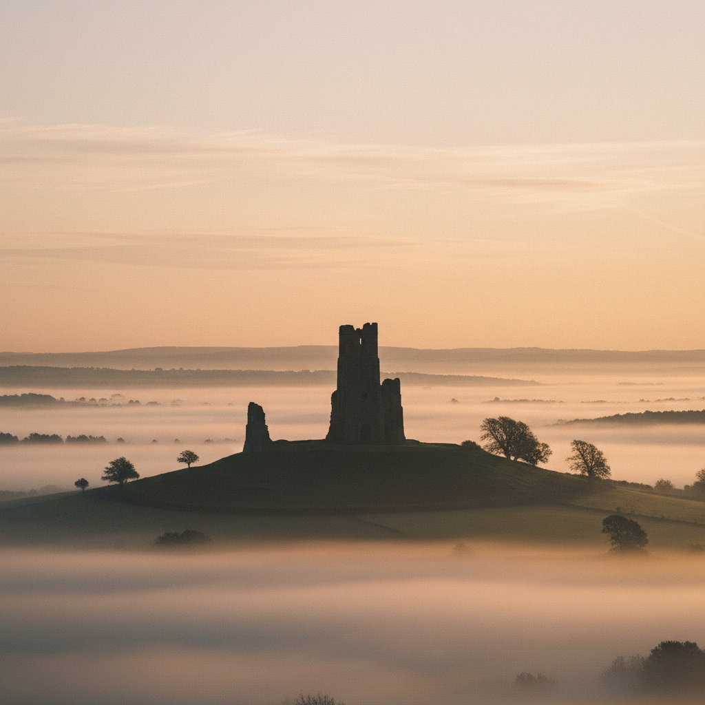 Glastonbury Tor at sunrise through morning mist