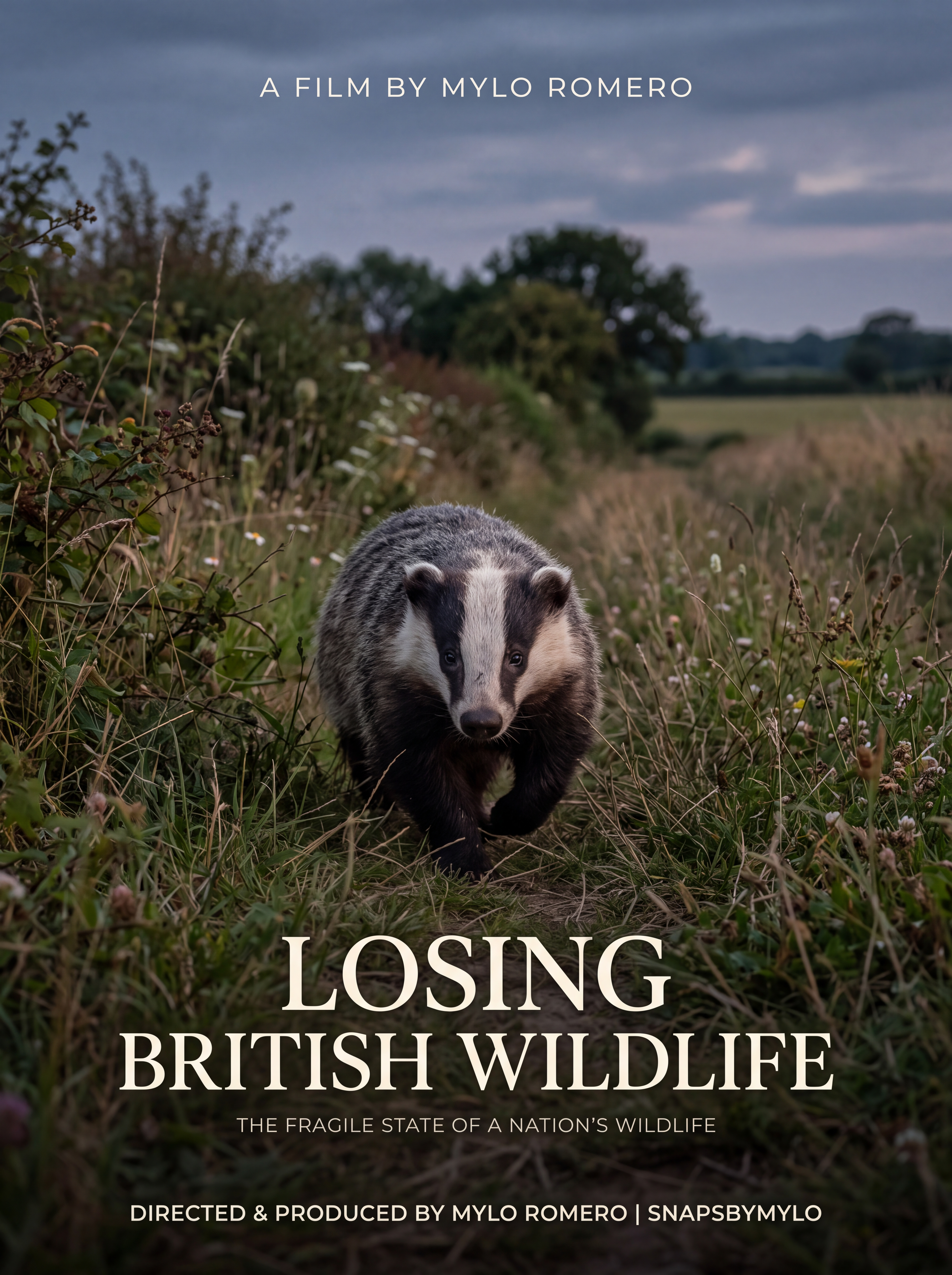 A European badger walking toward the camera along a grassy countryside path — poster art for Losing British Wildlife, a film by Mylo Romero