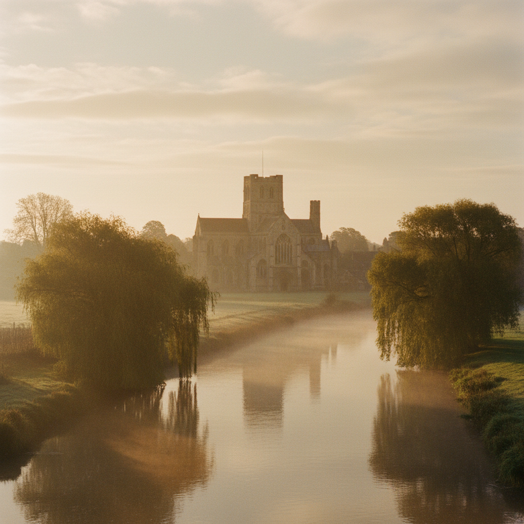 Tewkesbury abbey and medieval streets at dawn