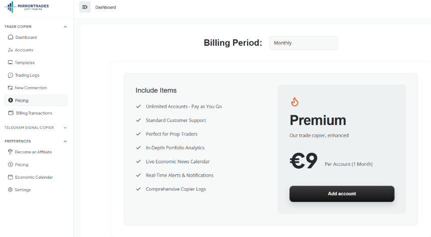 MirrorTrades pricing - Premium 9 EUR