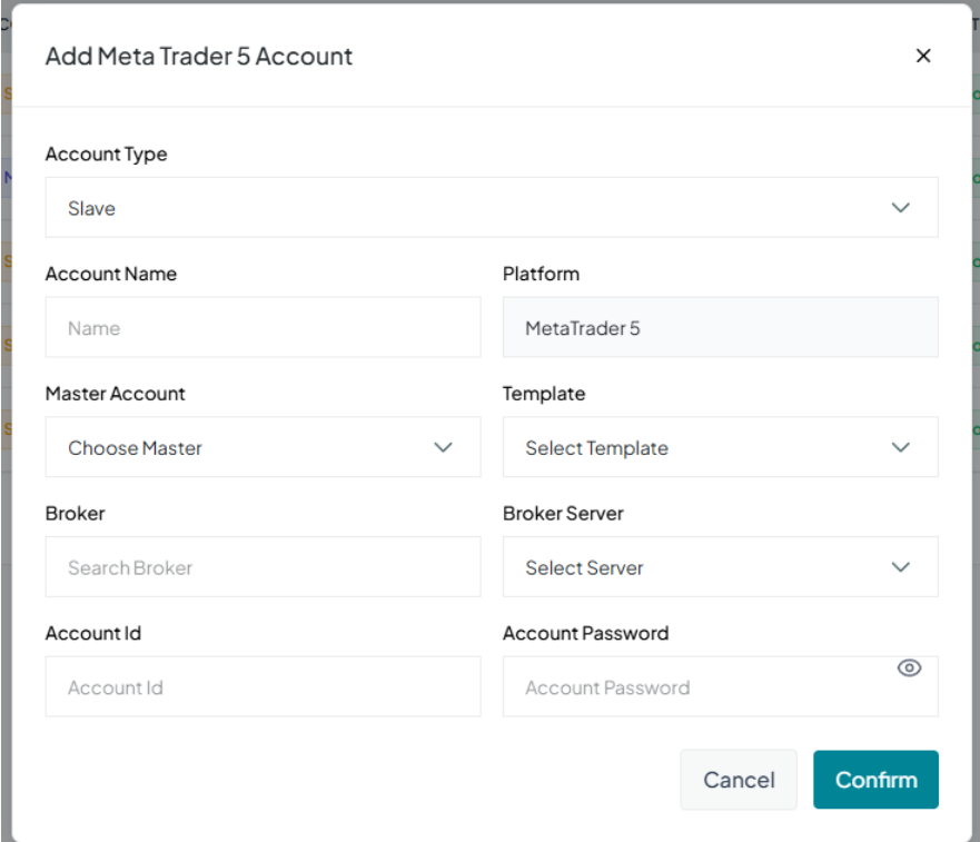 Add a MetaTrader 5 account on MirrorTrades
