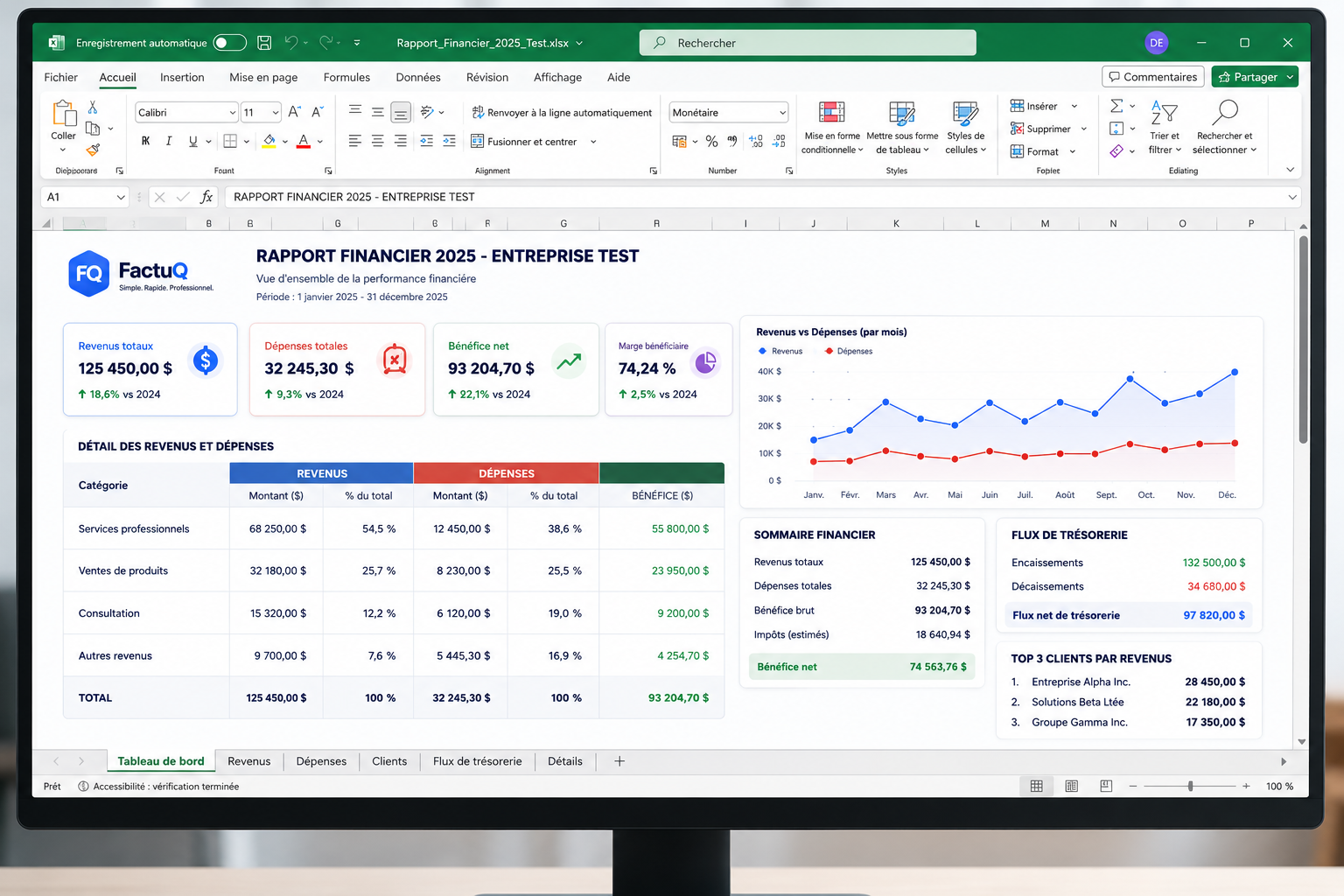 Aperçu d'un rapport financier Excel exporté depuis FactuQ