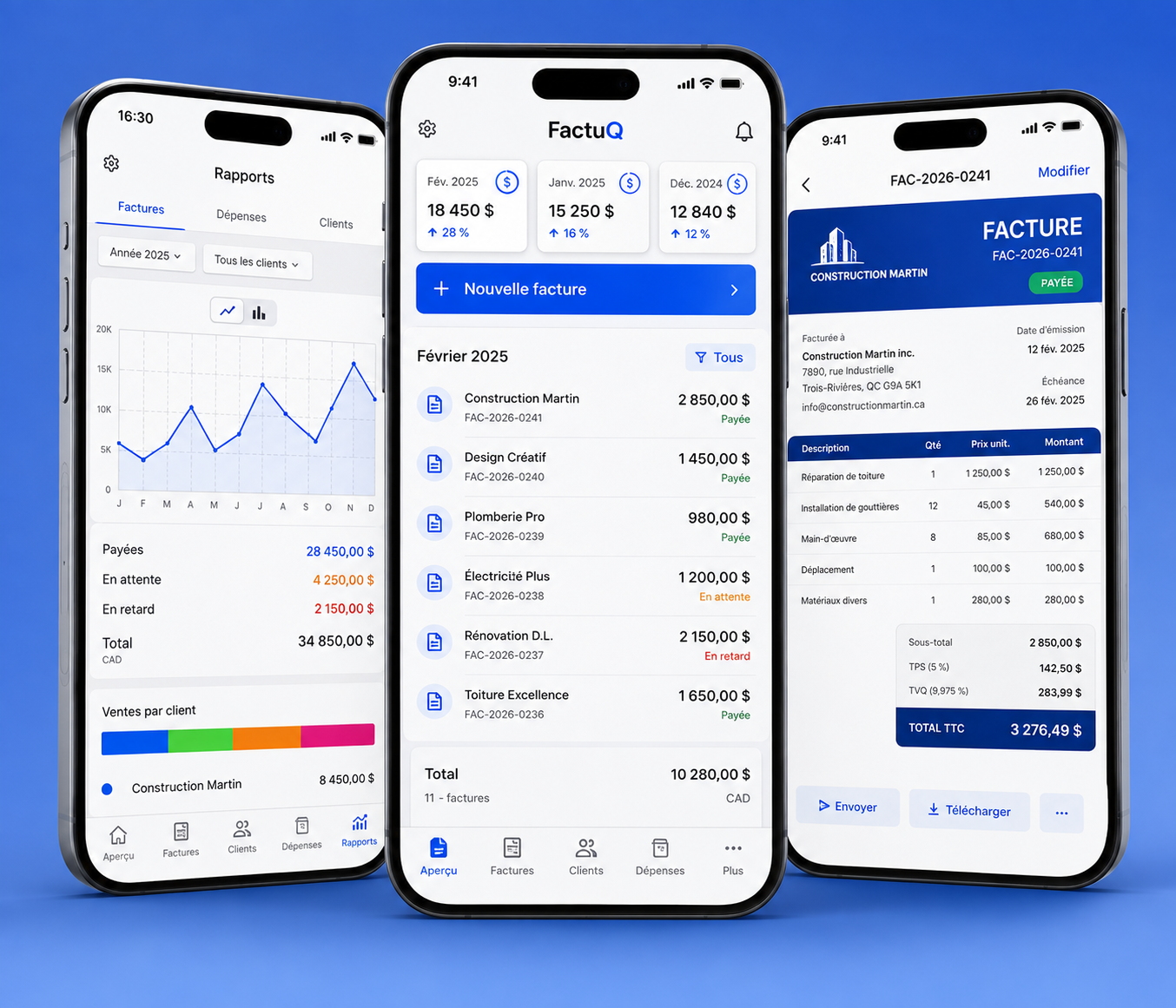 FactuQ sur mobile — tableau de bord, factures et rapports