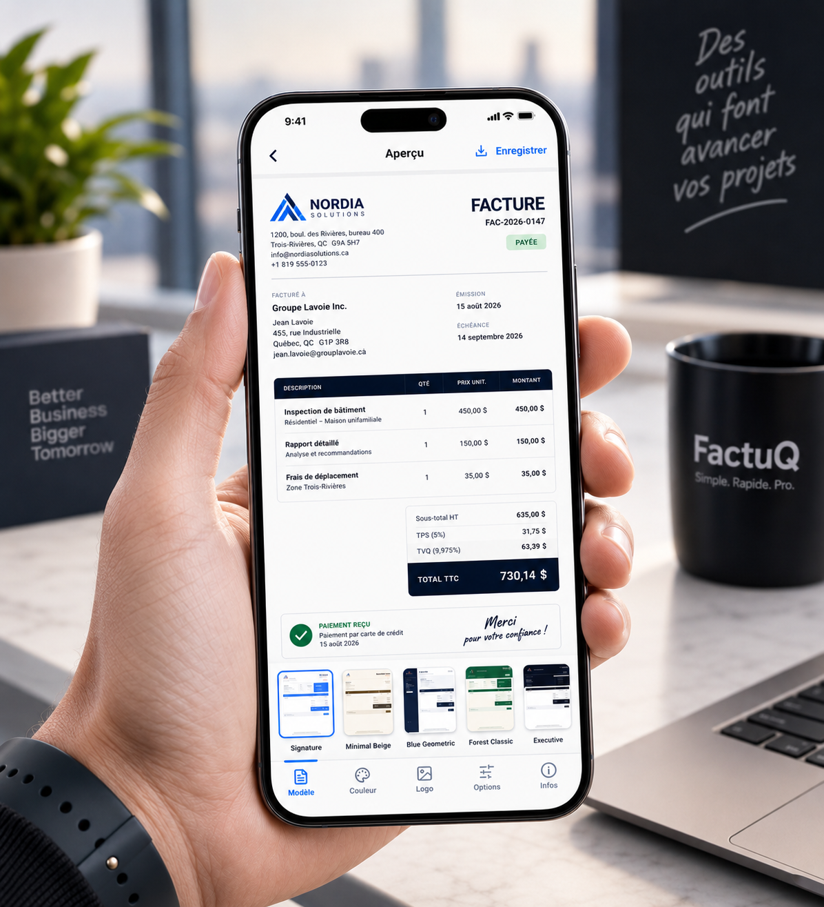 FactuQ — aperçu de facture professionnelle sur mobile