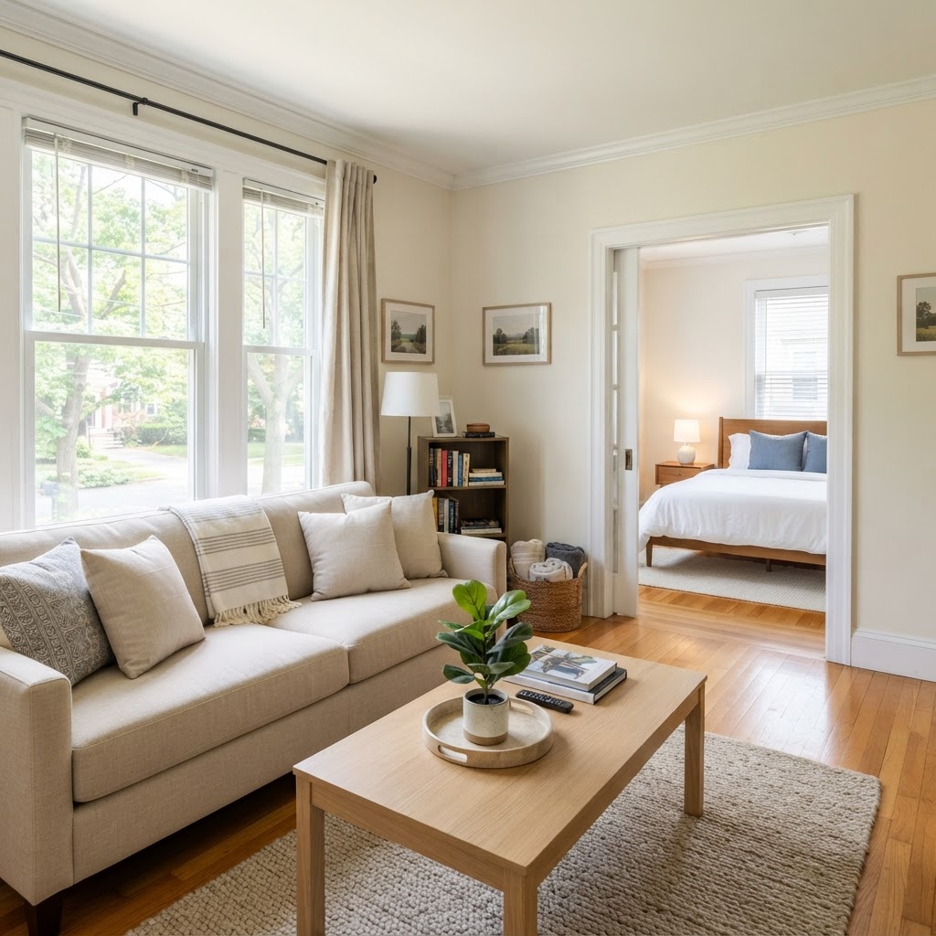 Guest-ready vacation rental living room with tidy seating and clean floors
