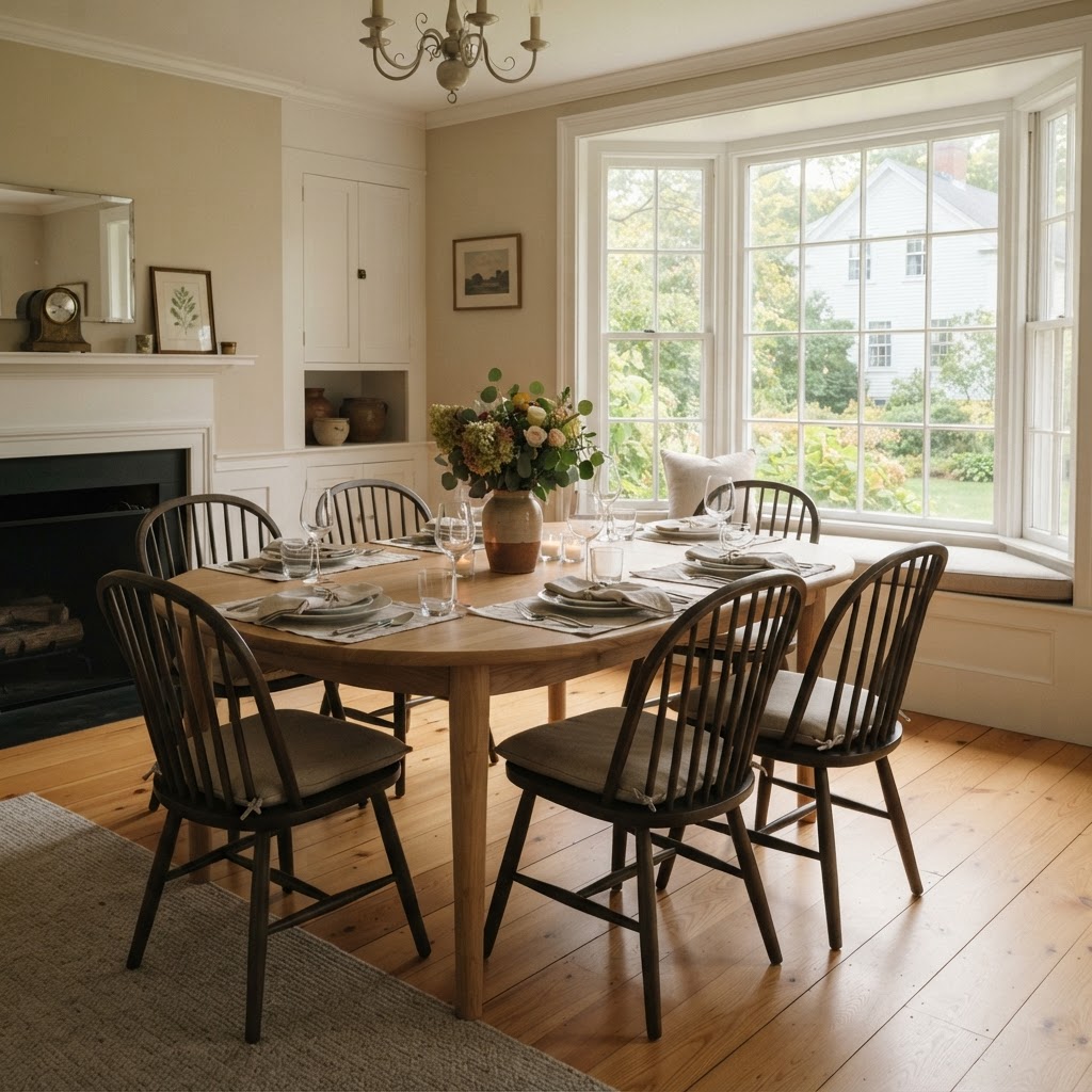 Freshly cleaned dining room with tidy table and bright windows ready for guests