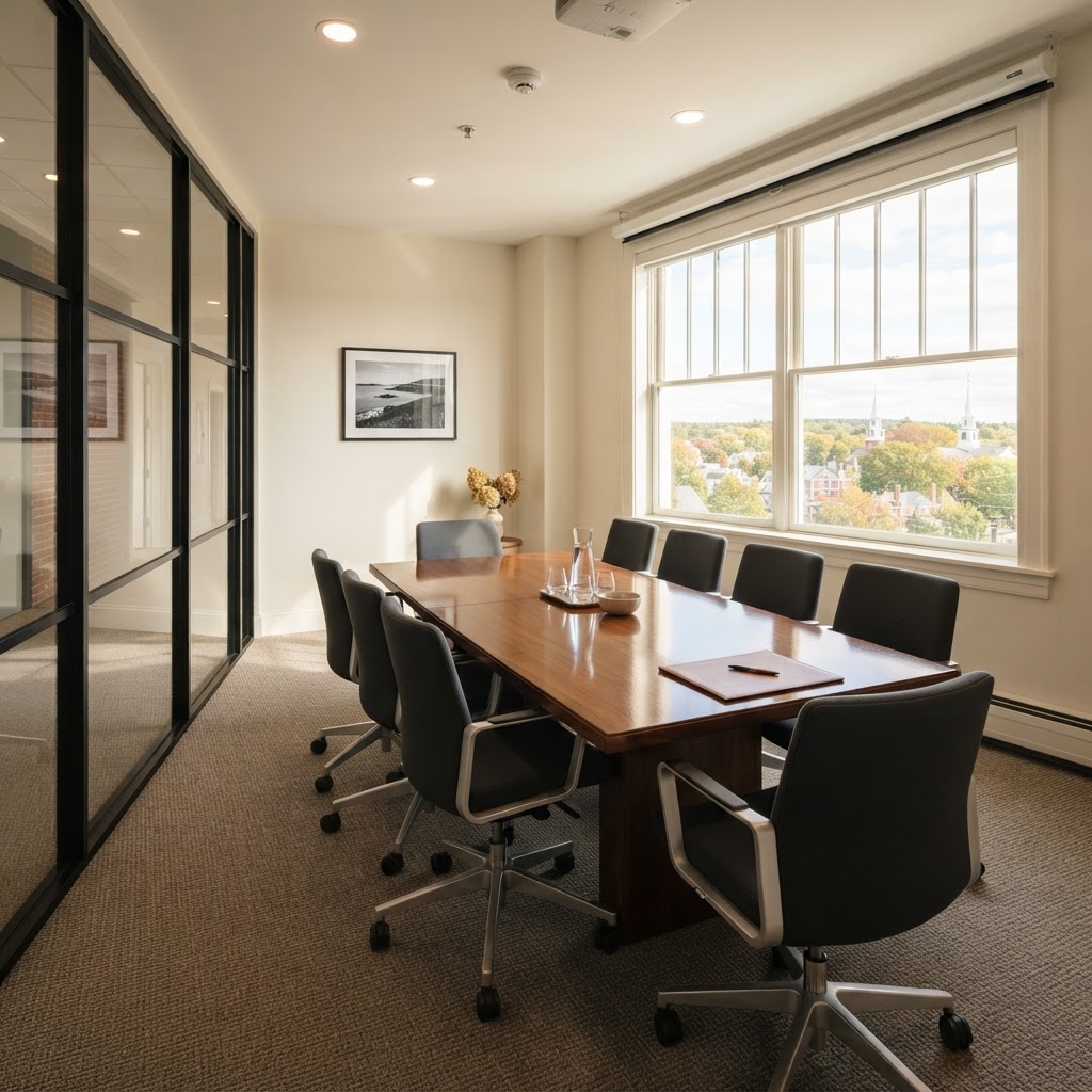 Clean office meeting room with neatly arranged chairs and conference table