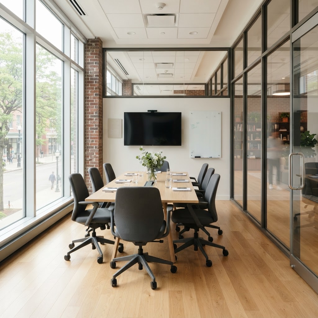 Freshly cleaned commercial meeting room with neat table, chairs and spotless floors