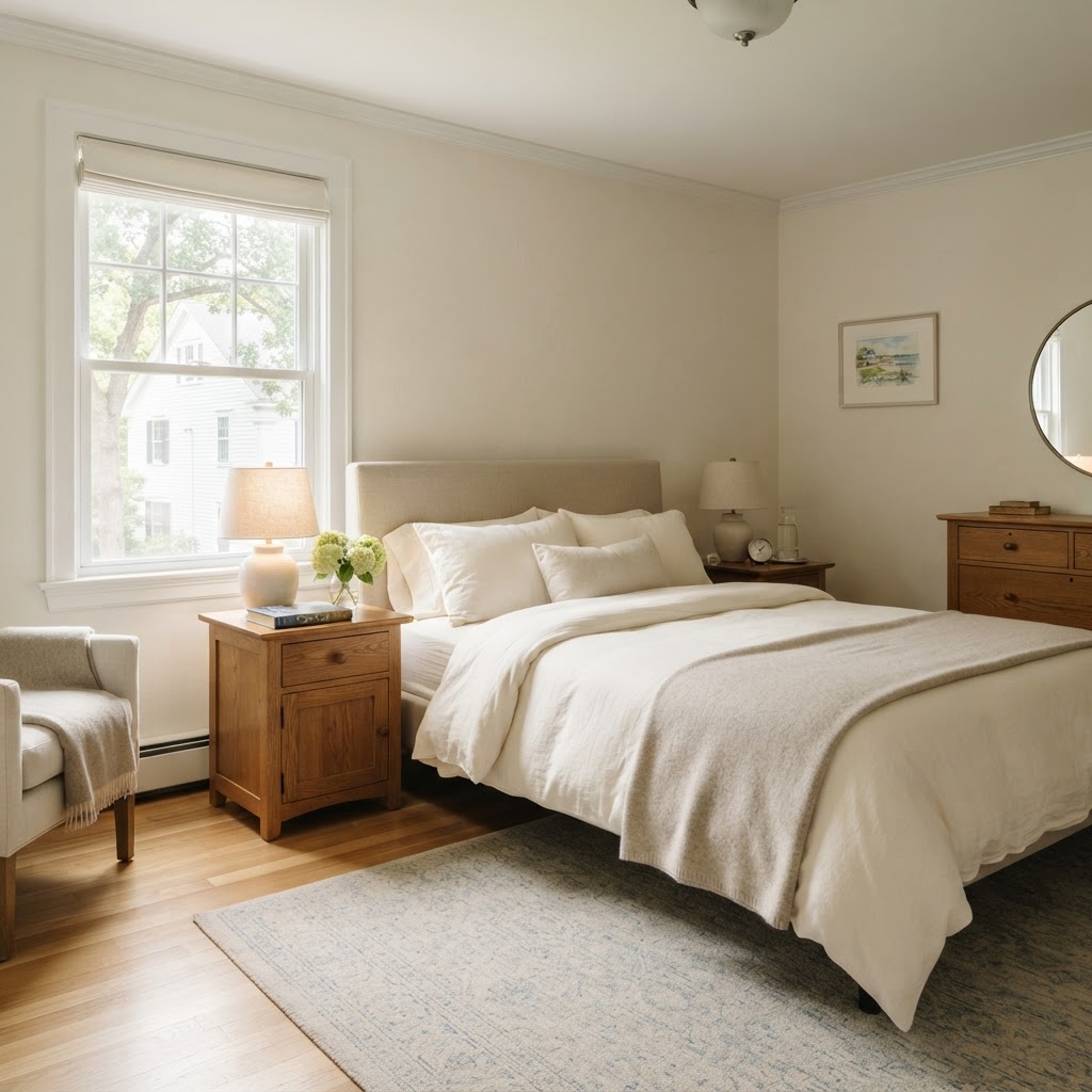 Well-maintained bedroom with fresh linens and clean hardwood floors