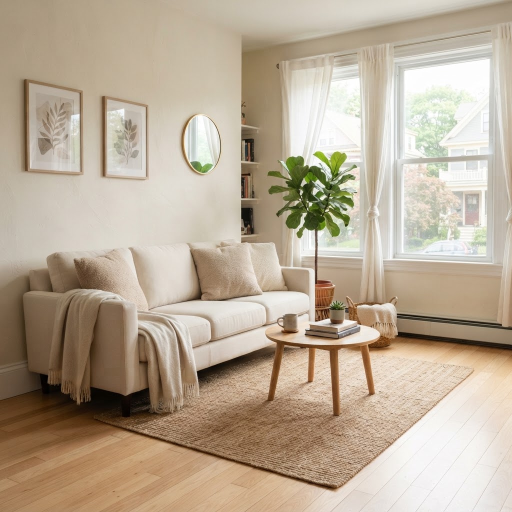 Freshly cleaned apartment living room with cream sofa and pale wood floors