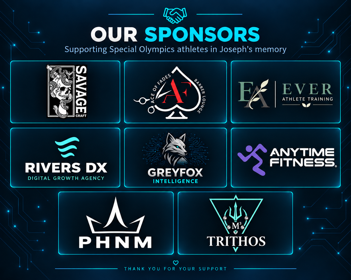 Our sponsors: Savage Craft, Ace of Fades Barber Lounge, Ever Athlete Training, Rivers DX, Grey Fox Intelligence, Anytime Fitness, PHNM, and Trithos