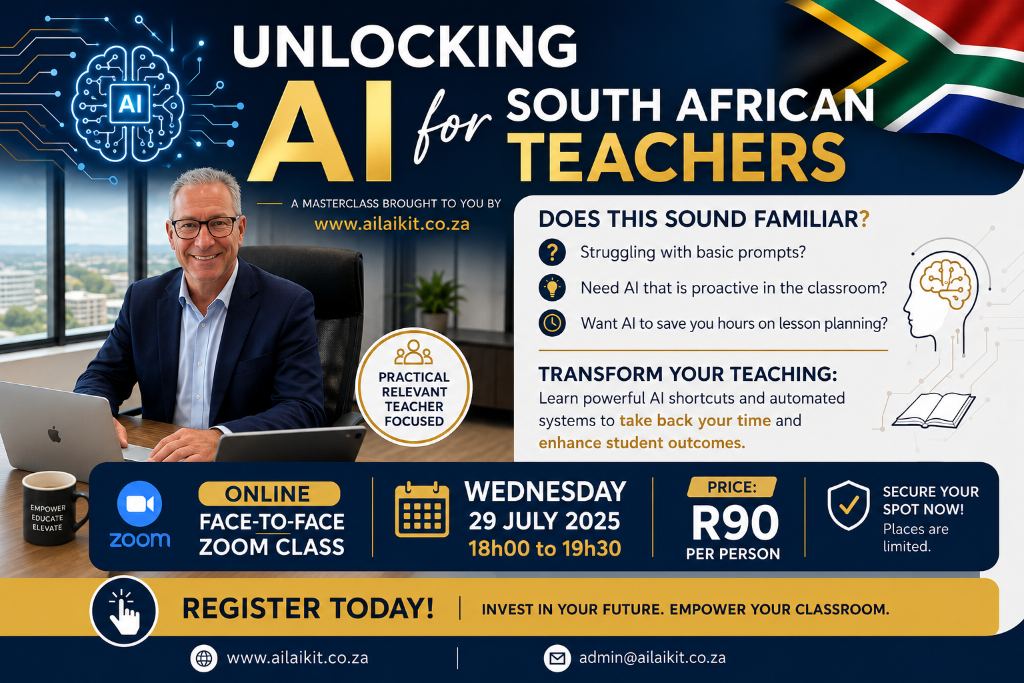 Unlocking AI for South African Teachers — Masterclass. Online face-to-face Zoom class. Book Now for R90.