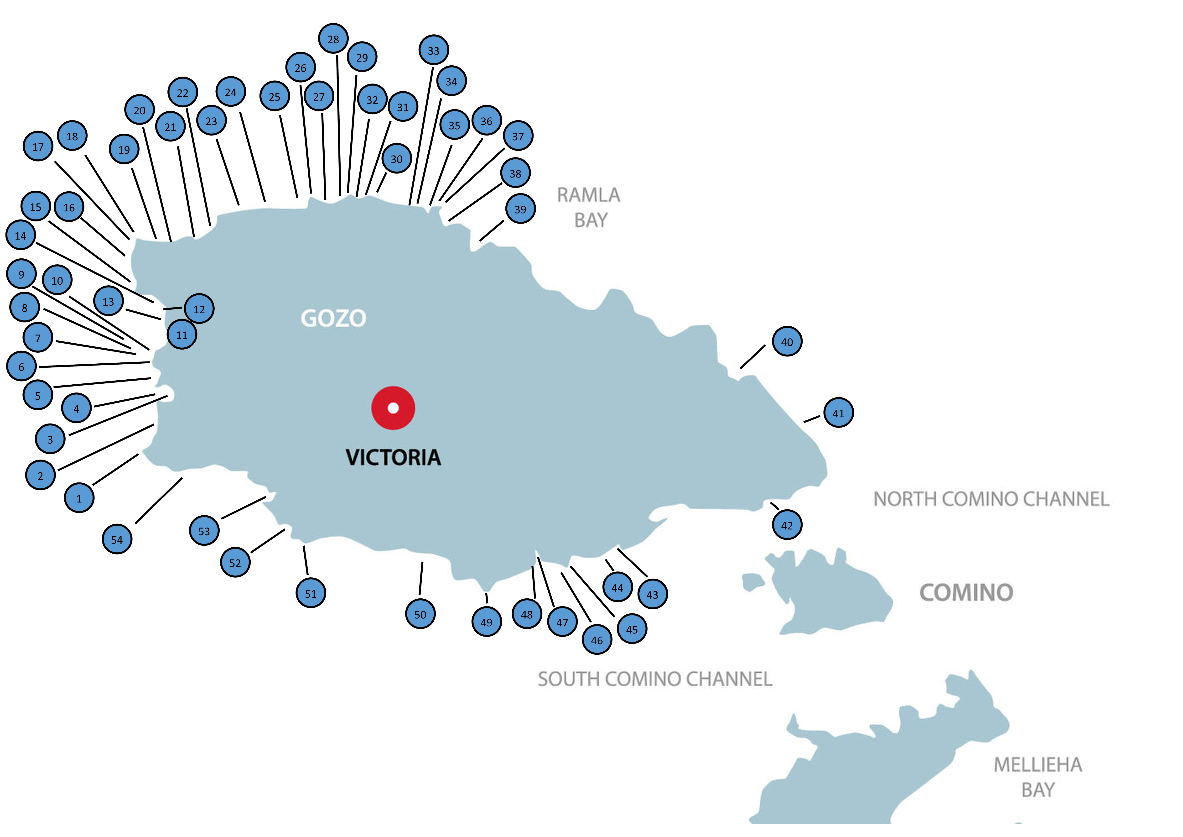 Dwejra Divers dive site map of Gozo and Comino — 54 numbered sites