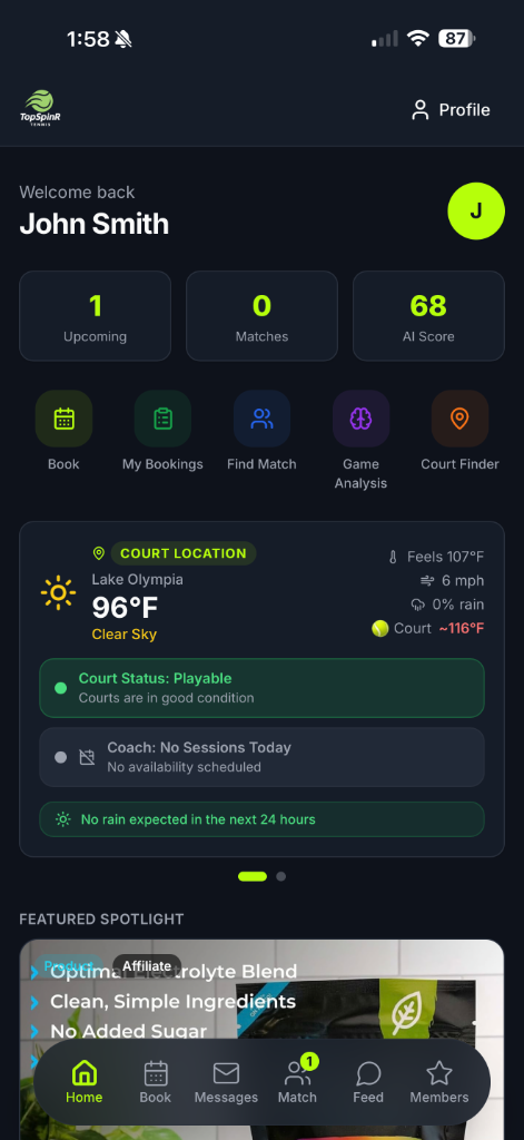 TopSpinR Tennis app home screen showing booking, training, and community features