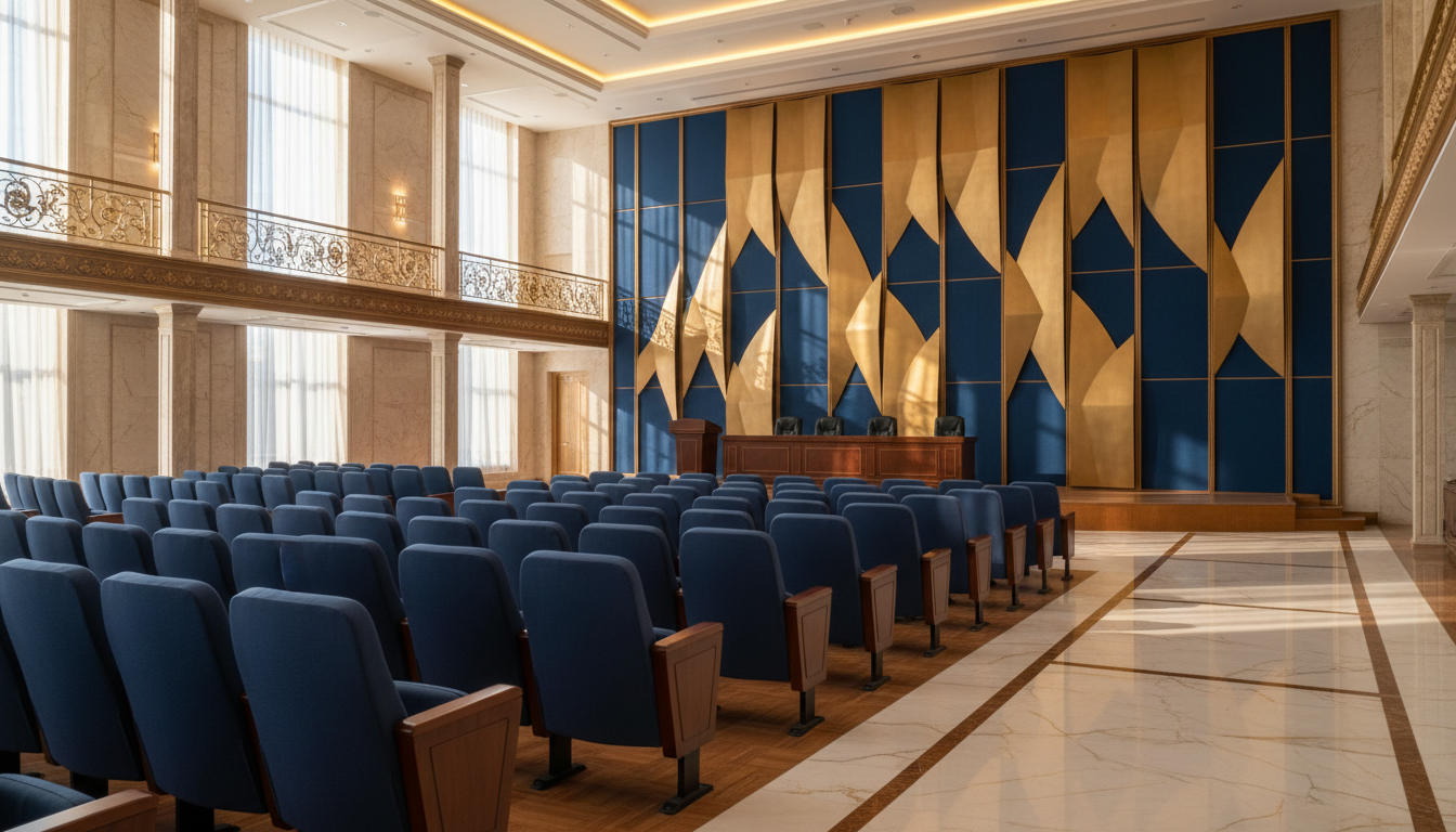 Modern university conference hall with warm ambient lighting