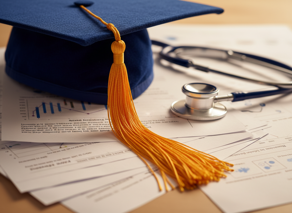 Graduation cap with golden tassel on nursing research papers and stethoscope