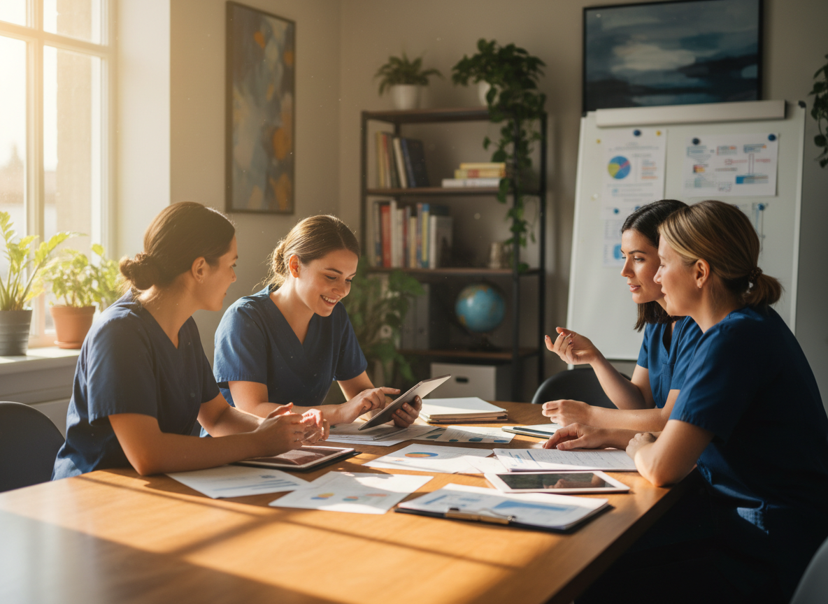 Nursing professionals collaborating on research in a warm, scholarly setting