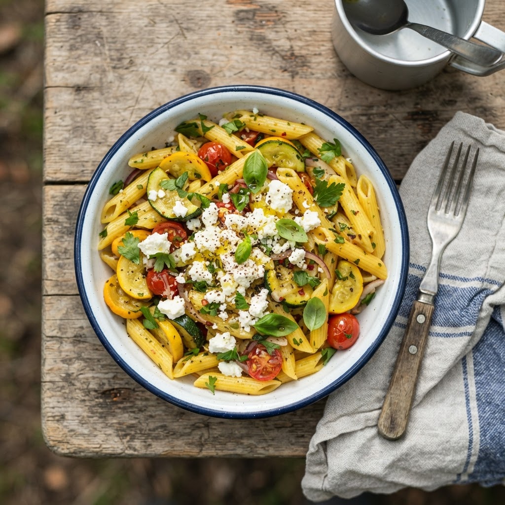 Sommerliche Pfannen-Pasta mit Zucchini und Feta