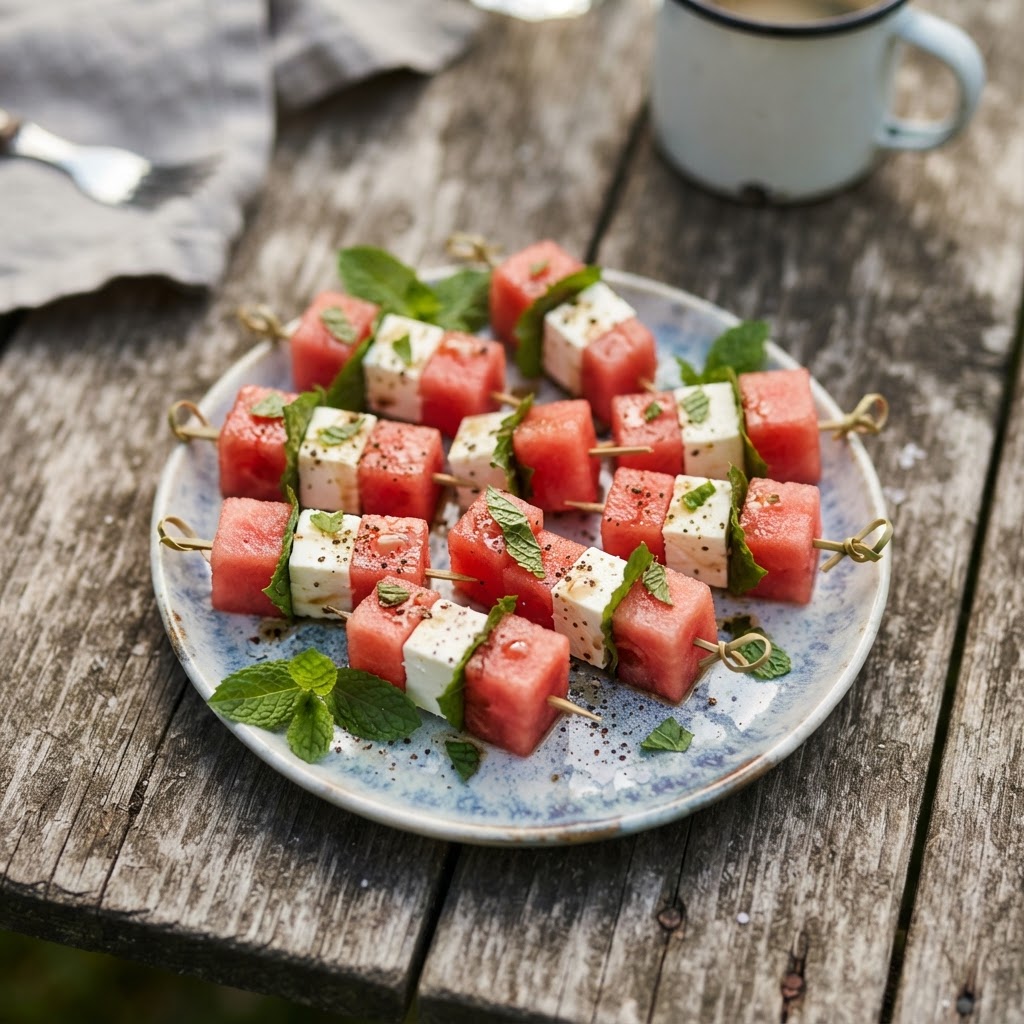 Camping-Sommer-Snack: Frische Wassermelonen-Feta-Spieße mit Minze