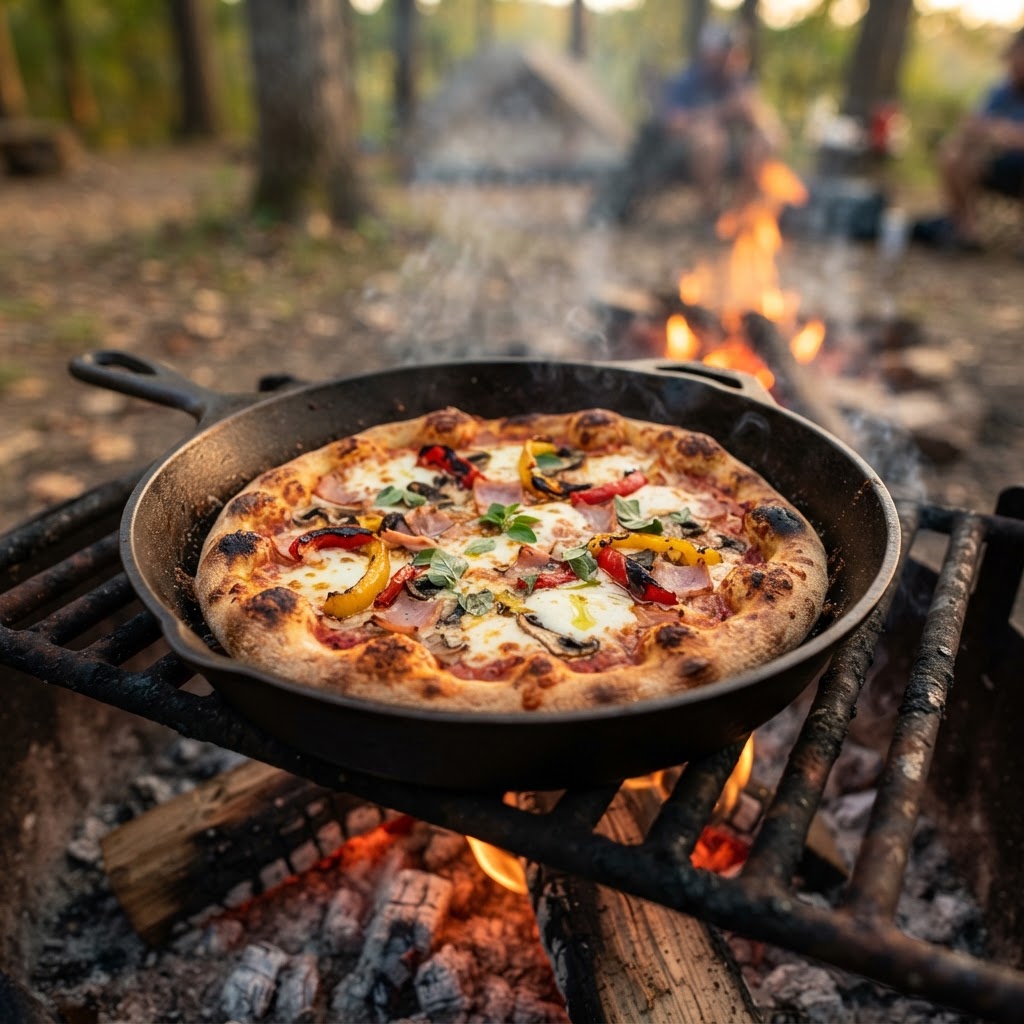Lagerfeuer-Pizza auf dem Campingrost
