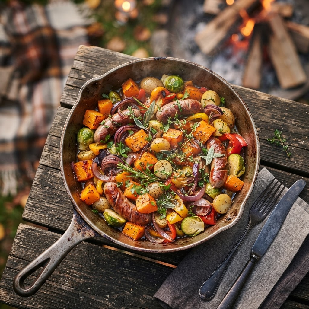 Herbstliche Lagerfeuer-Pfanne mit Kürbis und Würstchen