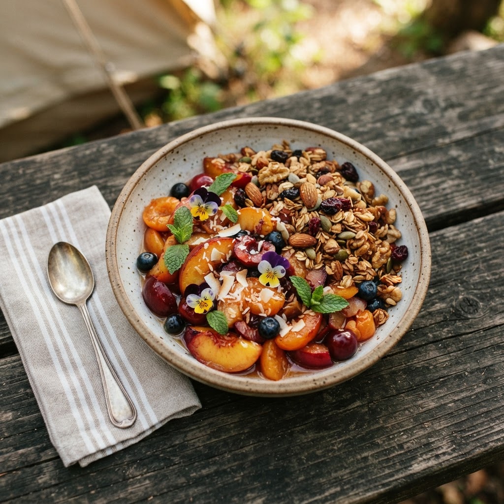 Sommerlicher Pfannen-Obstsalat mit Granola