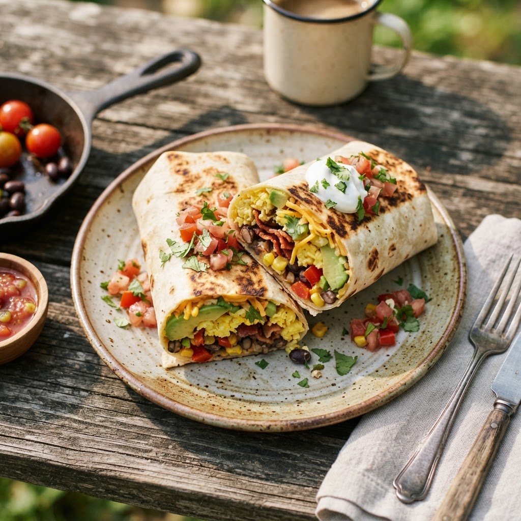 Sommerliche Camping-Frühstücks-Burritos