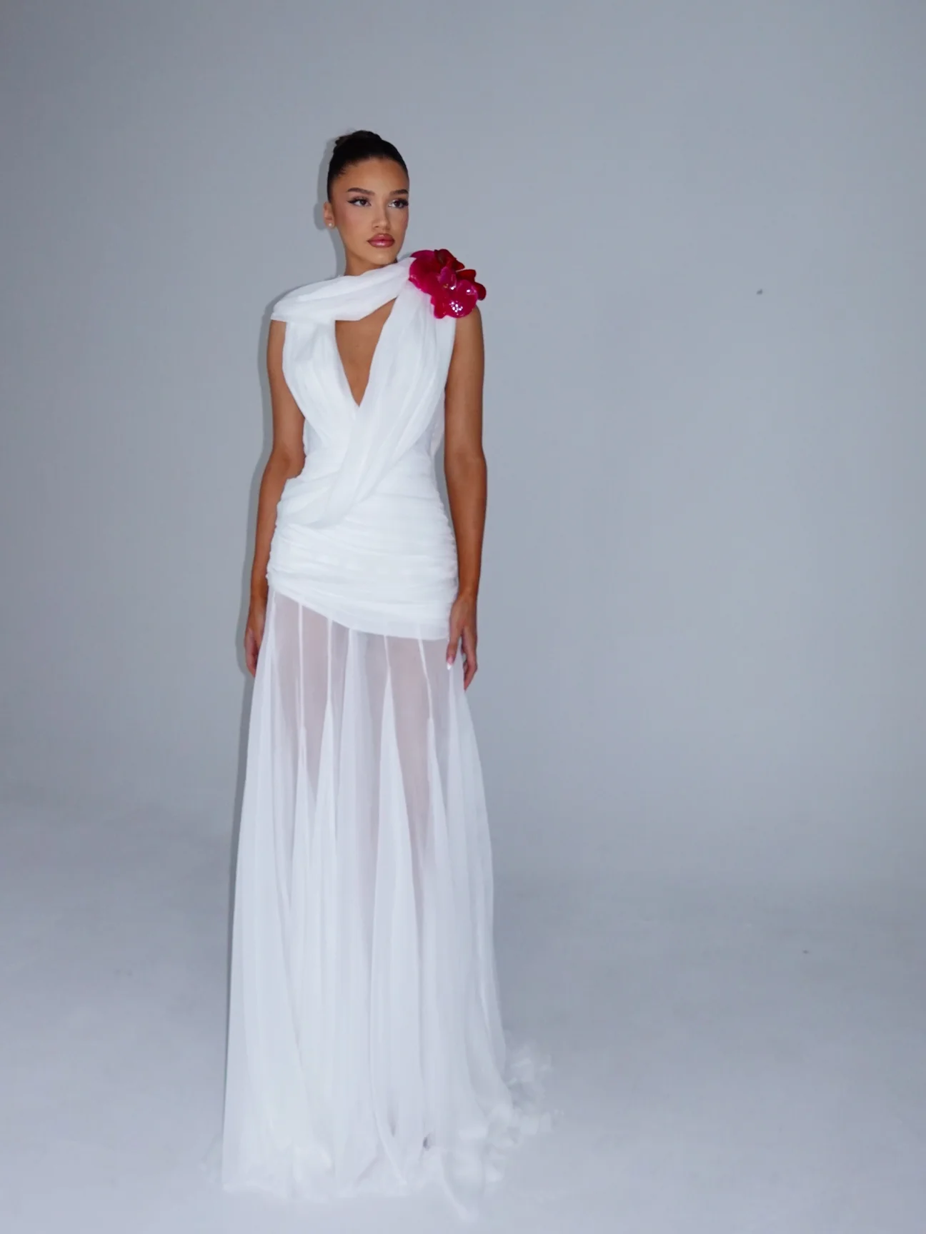White Ruched Plunge Gown with Floral Corsage — view 2