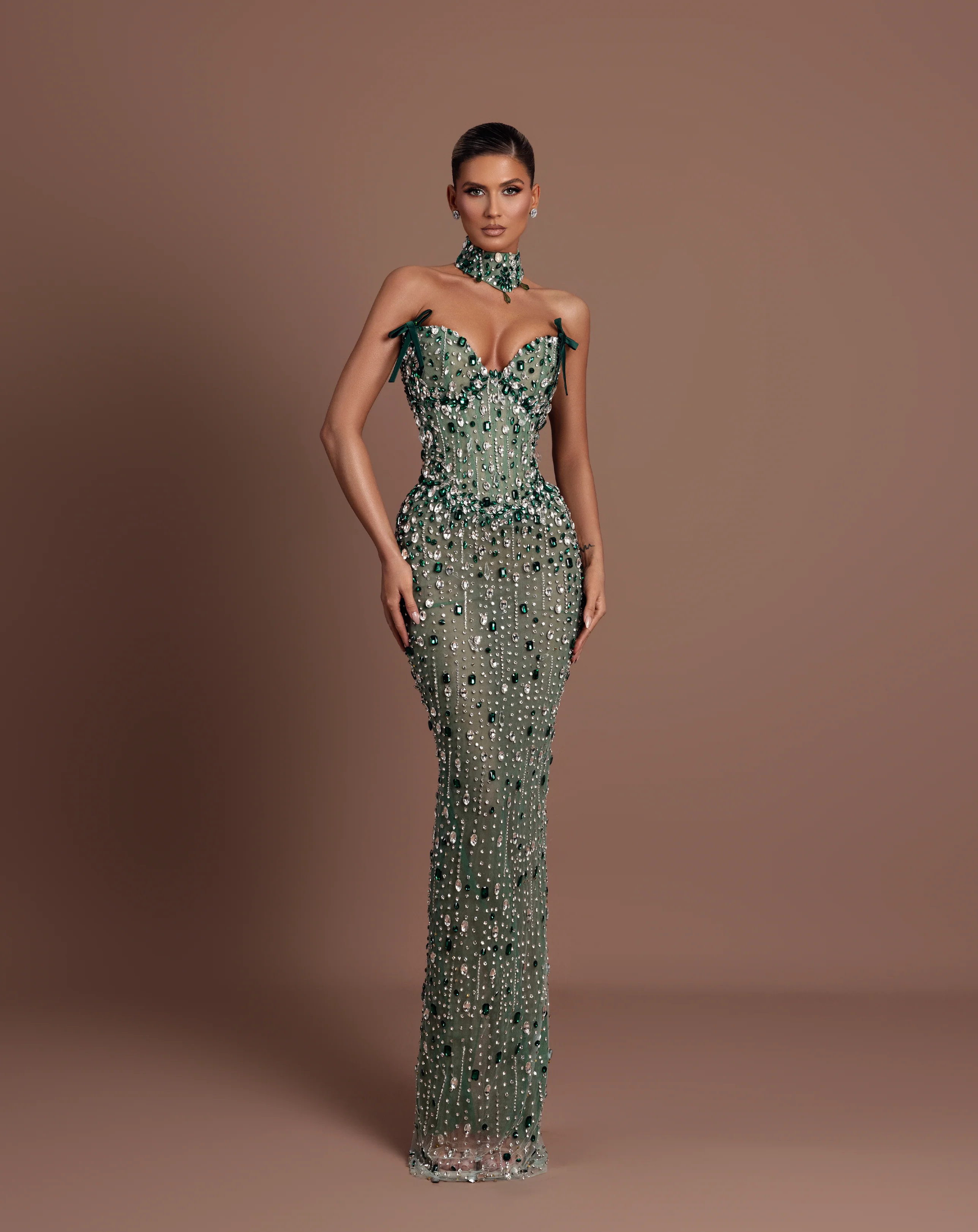 Sage Green Crystal Column Gown II — view 3