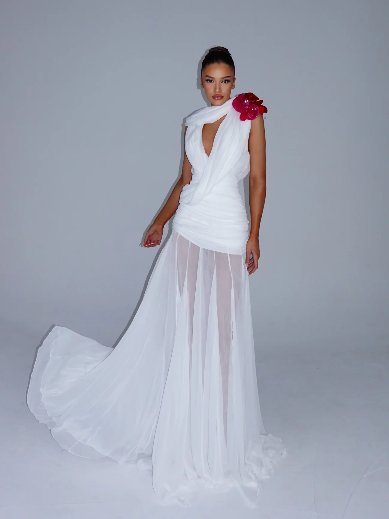White Ruched Plunge Gown with Floral Corsage — view 3