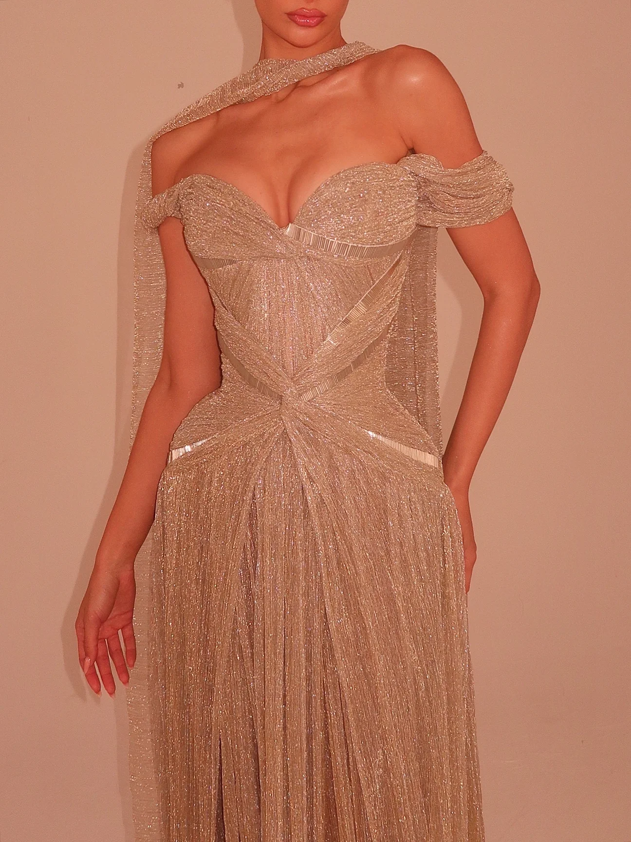 Champagne Gold Glitter Off-Shoulder Cape Gown — view 2