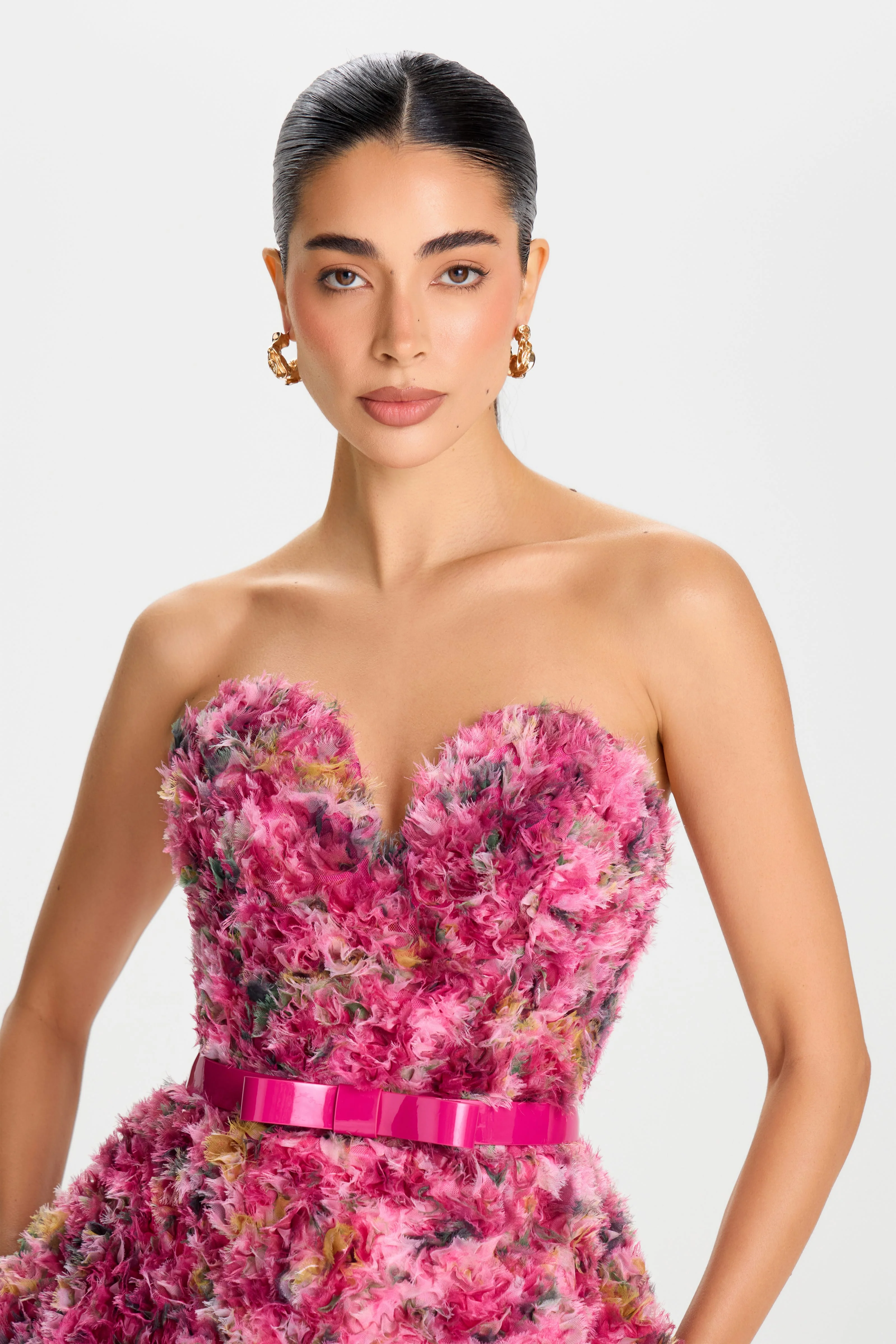 Pink 3D Floral Feather Strapless Mini Dress — view 3