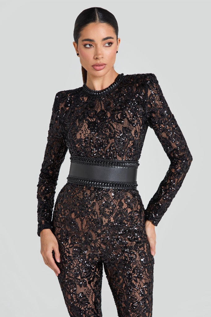 Black Sequin Lace Corset Jumpsuit — view 2