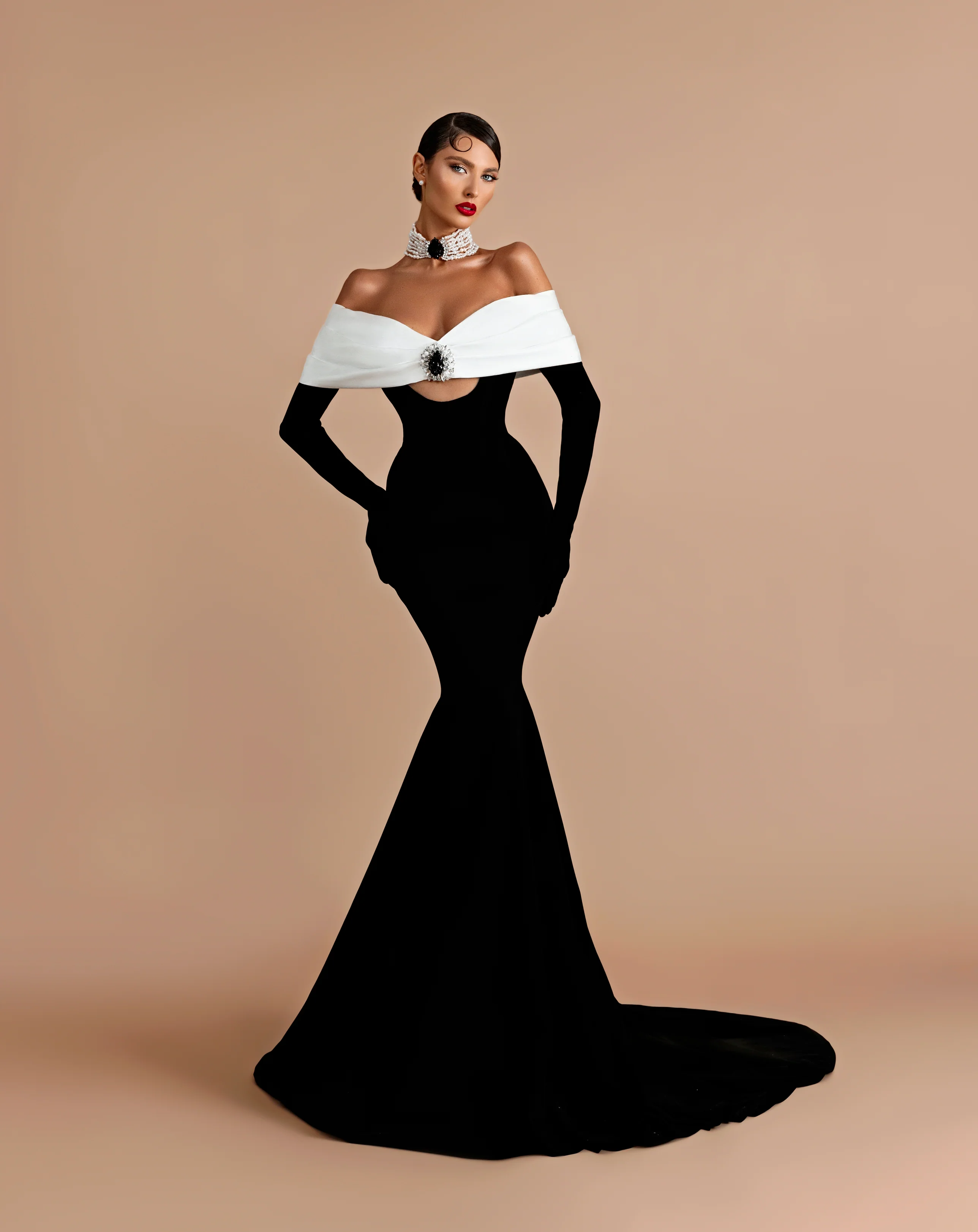 Black & White Sculptural Mermaid Gown with Gloves