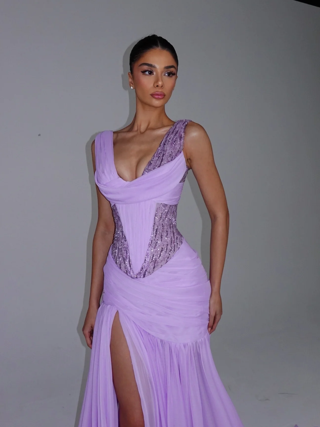 Lilac Crystal Corset Chiffon Gown — view 2