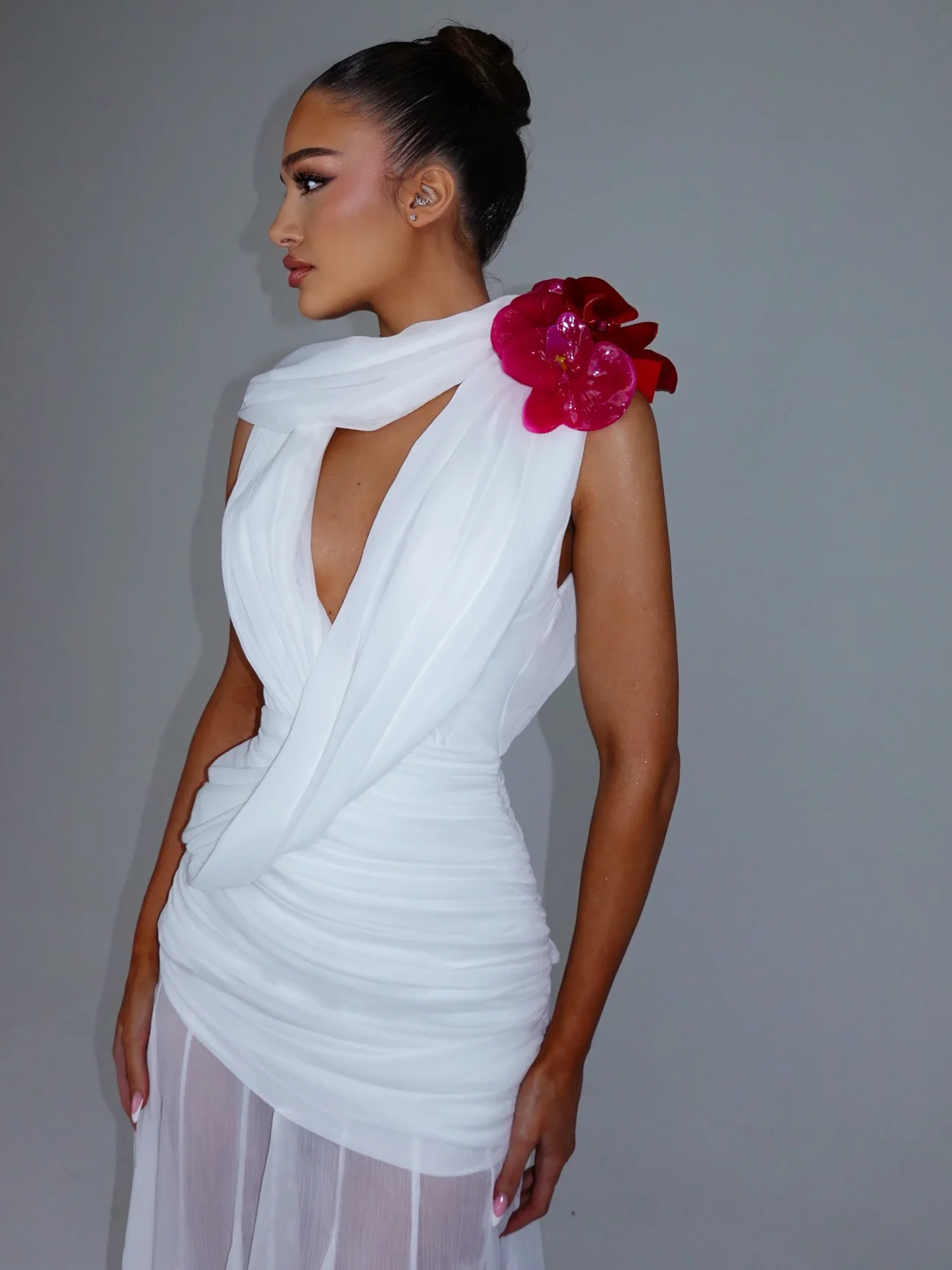 White Ruched Plunge Gown with Floral Corsage